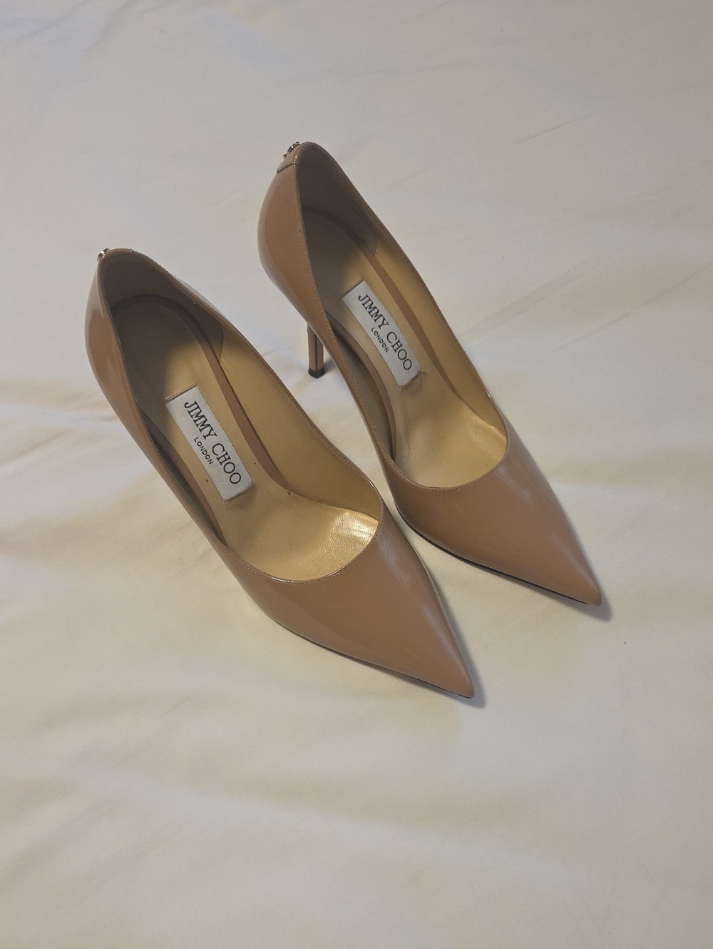 Jimmy Choo Beige Patent Leather Pointed-Toe Stilettos